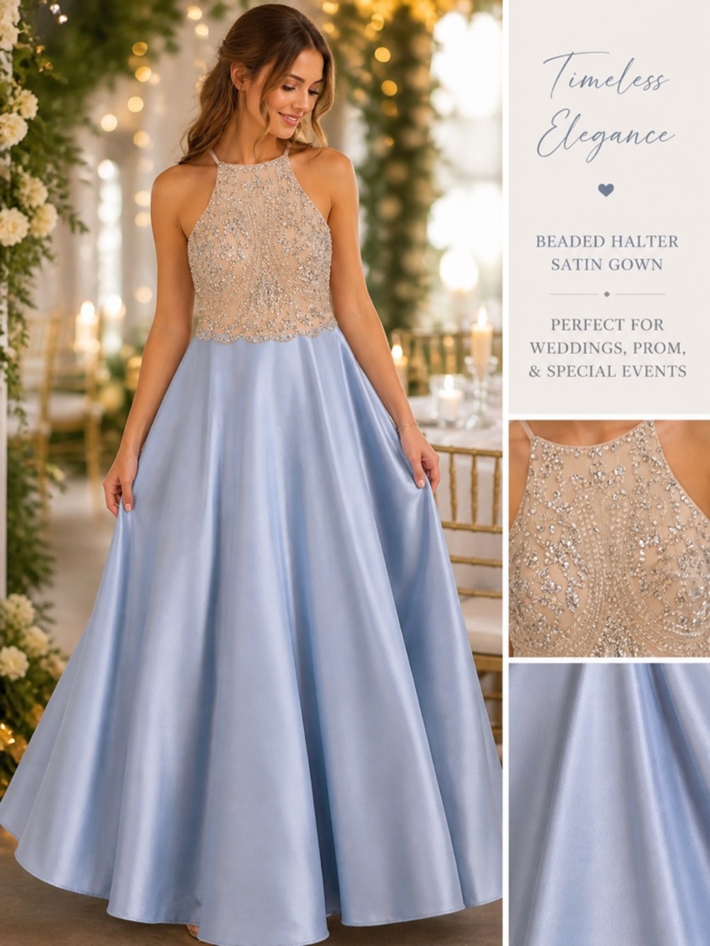 Camille La Vie Beaded Halter Satin Gown in Light Blue and Nude